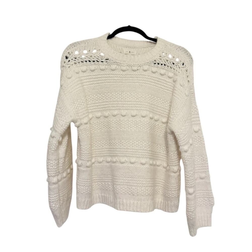 LOFT Lou & Grey Alpaca Blend White Cream Knit Sweater Size Small Bobble Pom Pom